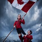 Canadian Olympians Mikaël Kingsbury and Marielle Thompson pose with the Canadian flag ahead of the Olympic Winter Games Milano Cortina 2026 Opening Ceremony.
