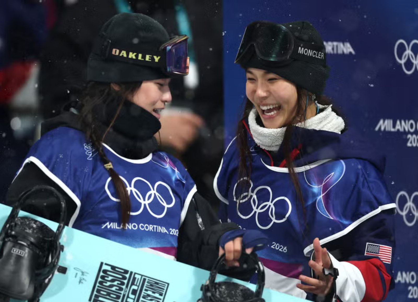 Choi Ga-on (Left) and Chloe Kim (Right) celebrate after winning gold and silver in the women's snowboard halfpipe at Milano Cortina 2026.