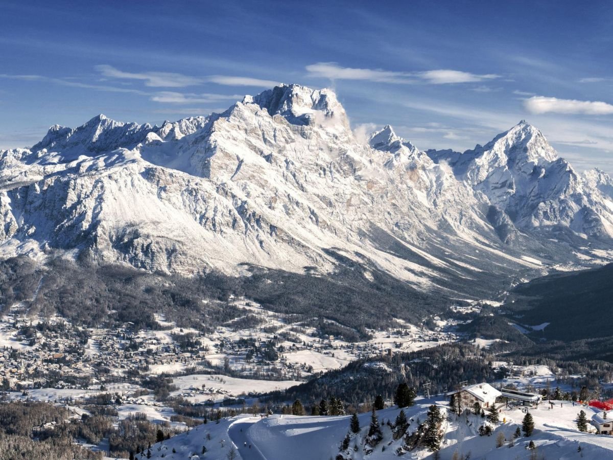 Snow-covered mountains and winter landscape in Cortina d'Ampezzo, Italy.