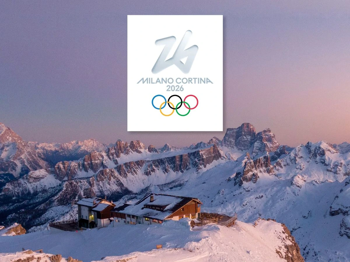 Milano Cortina 2026 Winter Olympics logo above the snow-covered Italian Dolomites