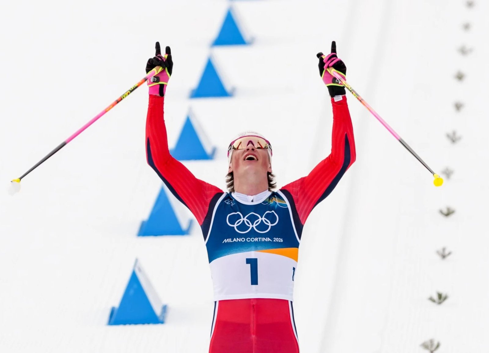 Norway's Johannes Høsflot Klæbo celebrates after winning a gold medal in cross-country skiing at the Olympic Winter Games Milano Cortina 2026.