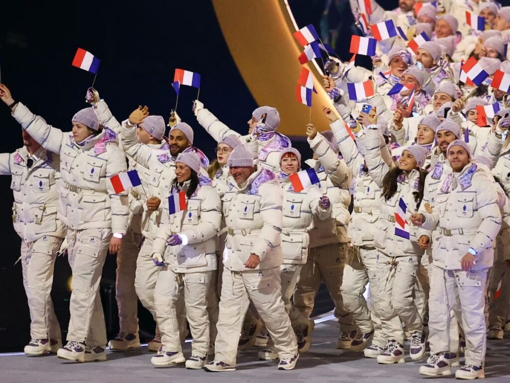 Team France enters the Parade of Nations at the Milano Cortina 2026 Winter Olympics opening ceremony.
