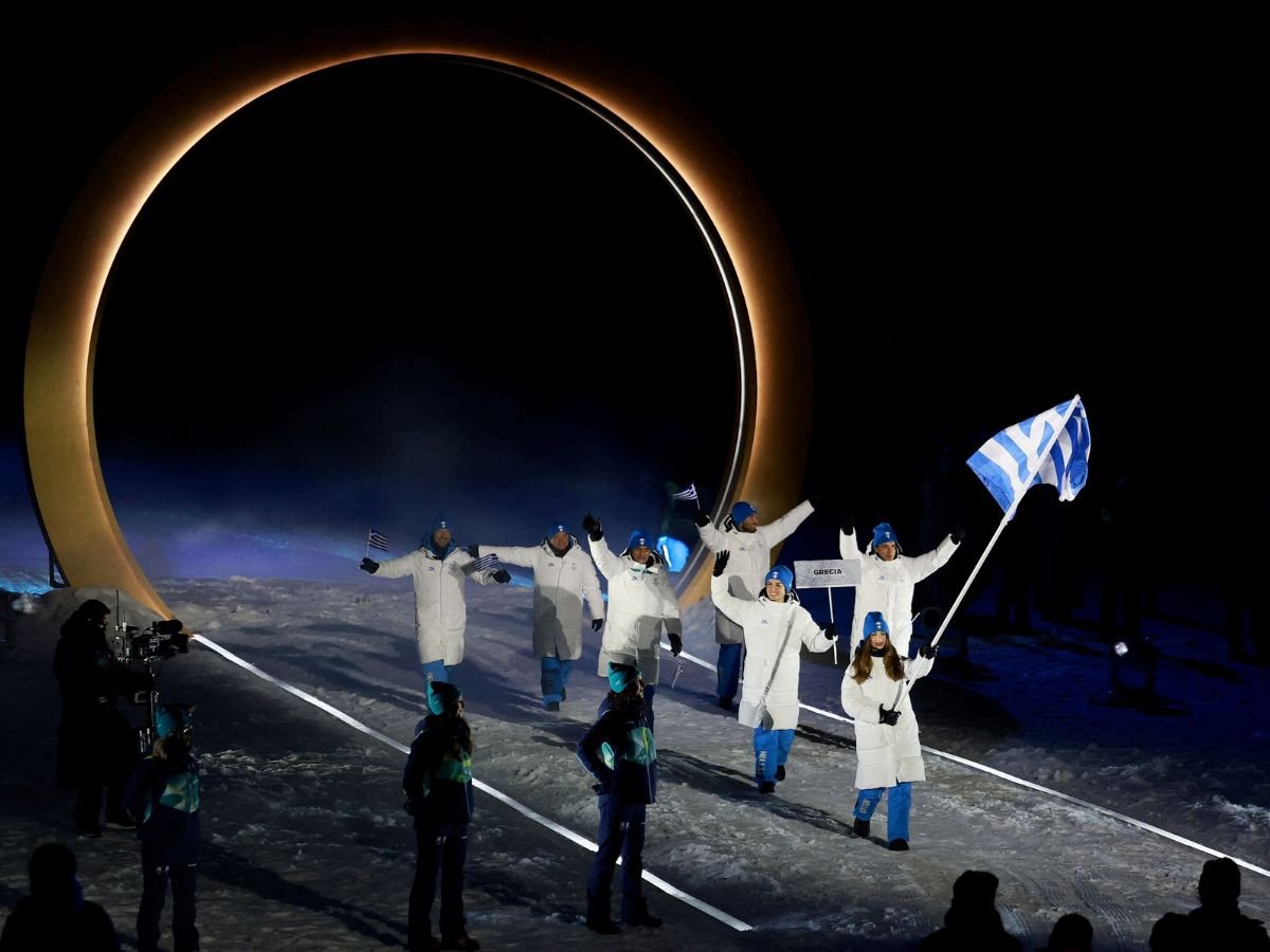 Team Greece enters the Milano Cortina 2026 Winter Olympics opening ceremony as part of the Parade of Nations.