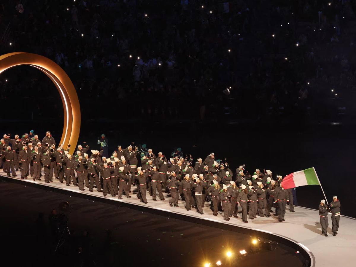 Host nation Team Italy enters the Parade of Nations at the Milano Cortina 2026 Winter Olympics opening ceremony.