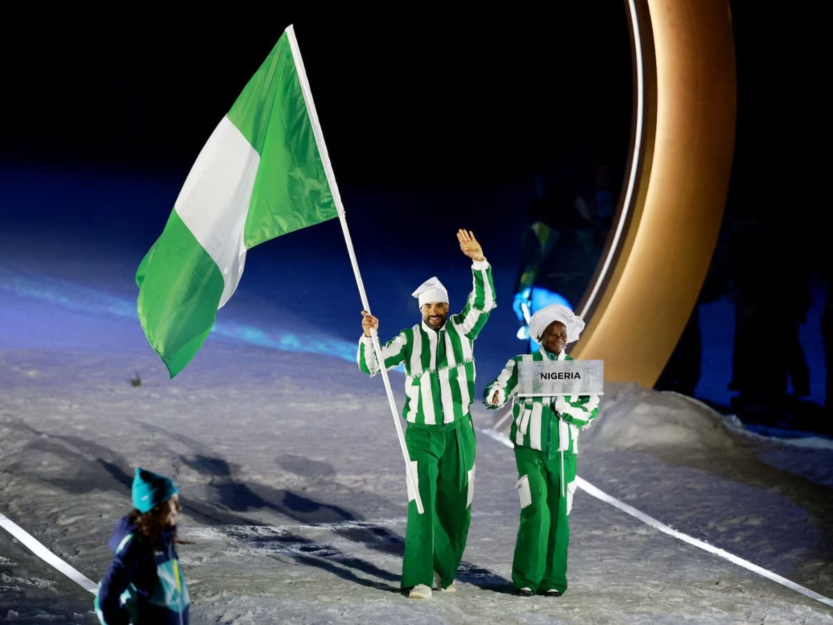 Team Nigeria enters the Parade of Nations at the Milano Cortina 2026 Winter Olympics opening ceremony.
