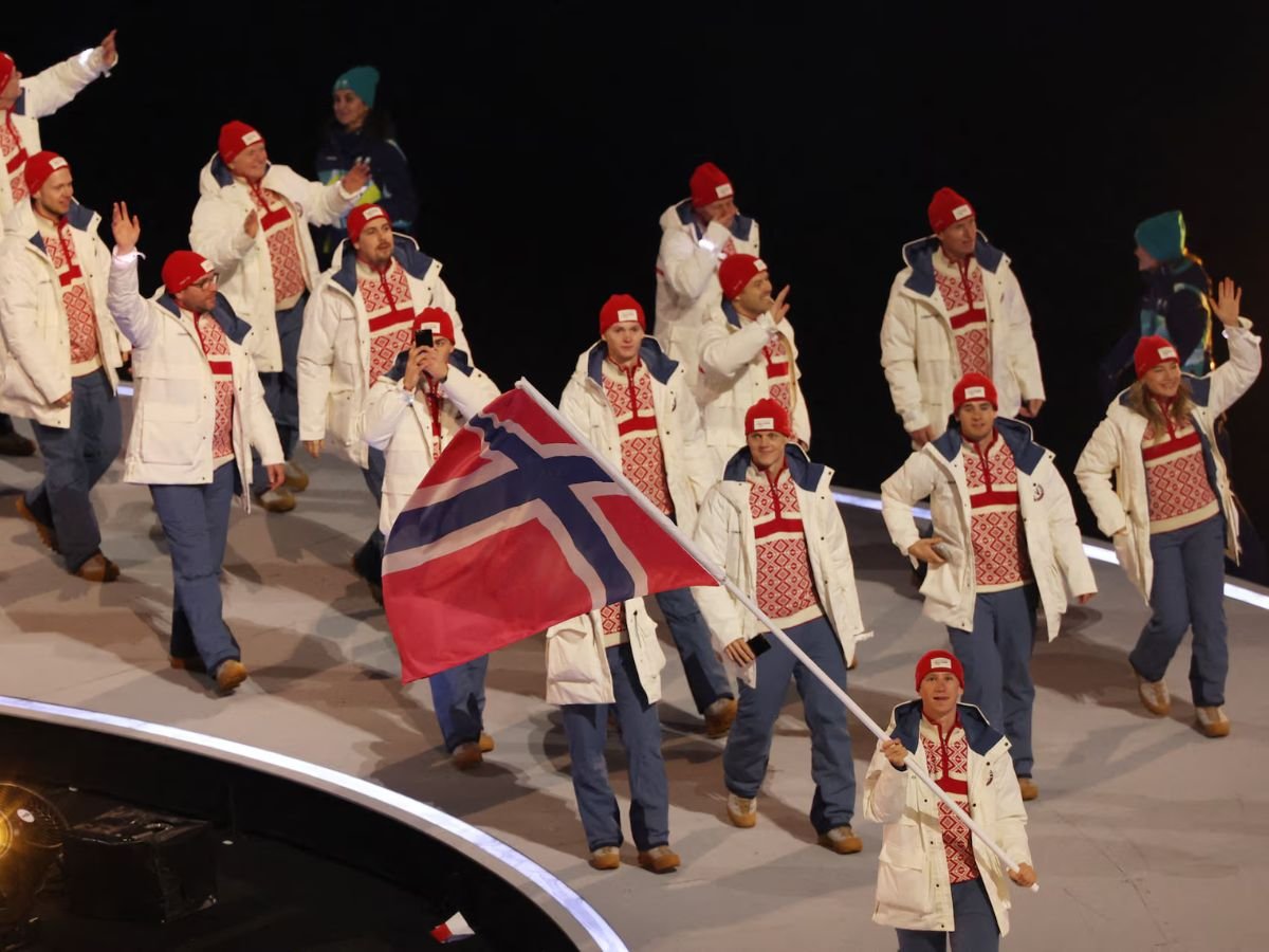 Team Norway marches in the Parade of Nations at the opening ceremony of the Milano Cortina 2026 Winter Olympics.