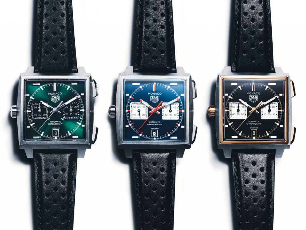 TAG Heuer Monaco Chronograph Ref. CDW2180.FC8360, CDW2181.FC8360, and CDW2150.FC8360.