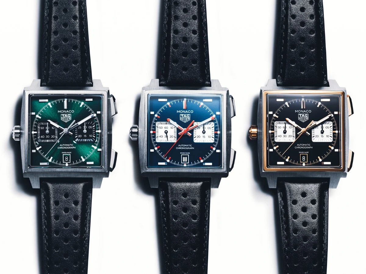 TAG Heuer Monaco Chronograph Ref. CDW2180.FC8360, CDW2181.FC8360, and CDW2150.FC8360.