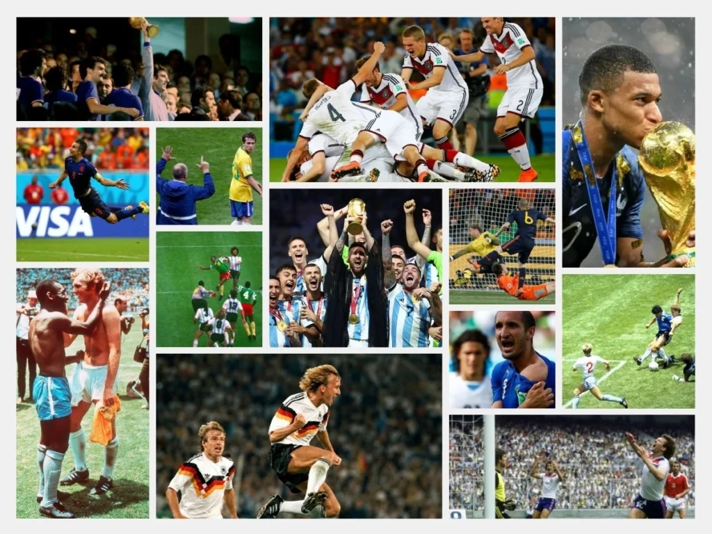 Collage of iconic FIFA World Cup moments featuring legendary players, historic goals and championship celebrations.