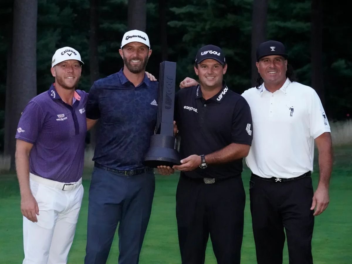 Talor Gooch, Dustin Johnson, Paul Casey and Pat Perez celebrate 4Aces GC’s team victory following the final round of the LIV Golf tournament at The International.